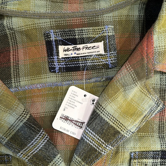 Free People We The Free Izzie Plaid Flannel Cargo Shirt Jacket Shacket Olive - Picture 9 of 10